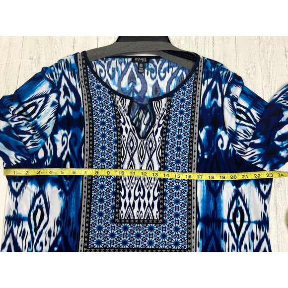 Jones New York Womens 2X Blue & White Printed Tunic Top With Tassel Tie Neckline - Picture 3 of 16